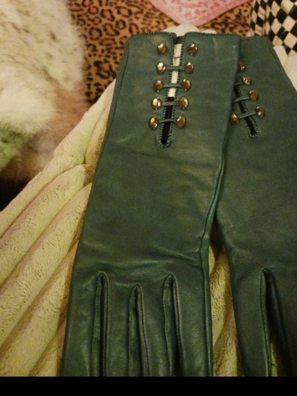 Teal Leather Dress Gloves with Button Detail Large